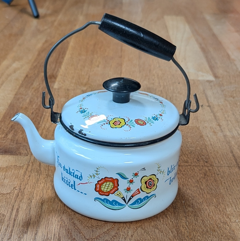 Whimsical Vintage Scandinavian Mini Kettle | Enamel Floral Folk Art Teapot 🌸